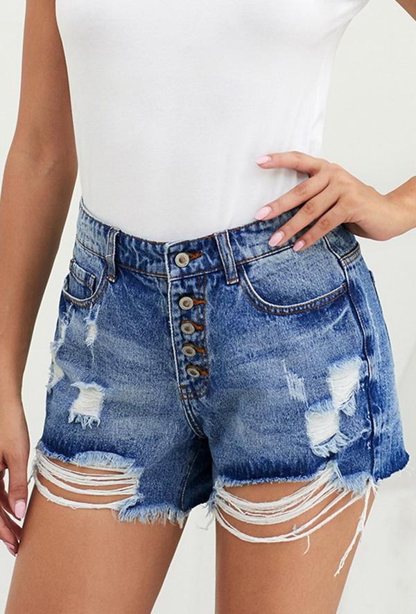 High-waist Slim Single-breasted Worn-out Jeans Shorts