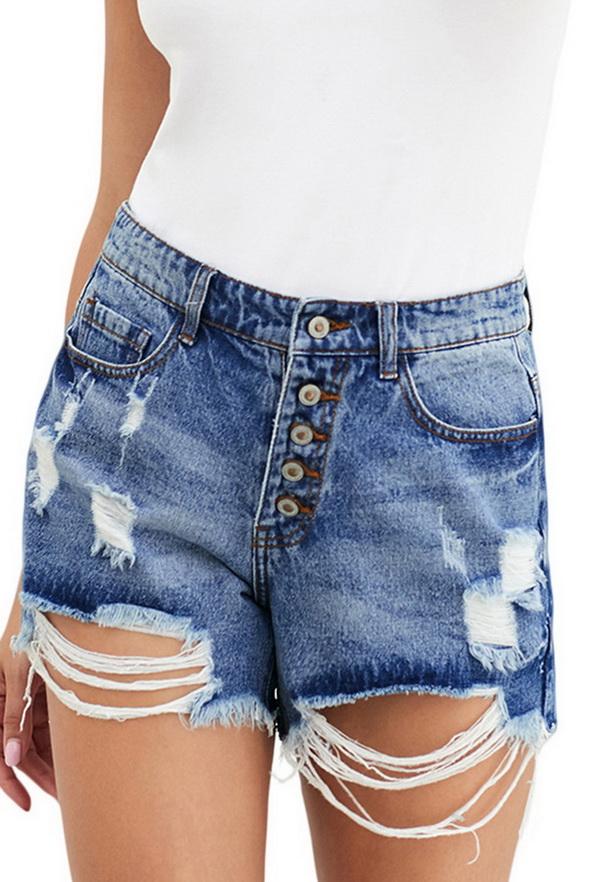 High-waist Slim Single-breasted Worn-out Jeans Shorts