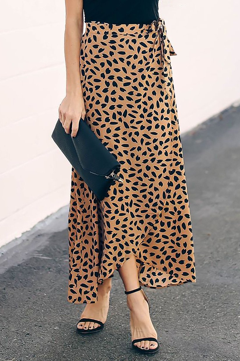 High Waist Tie Split Leopard Skirt