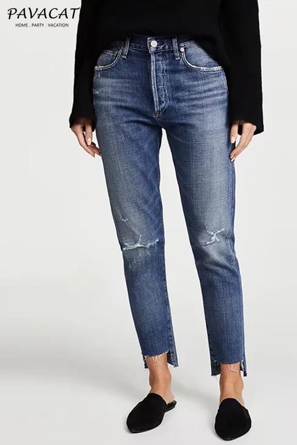 High-waisted Frayed Hem Jeans