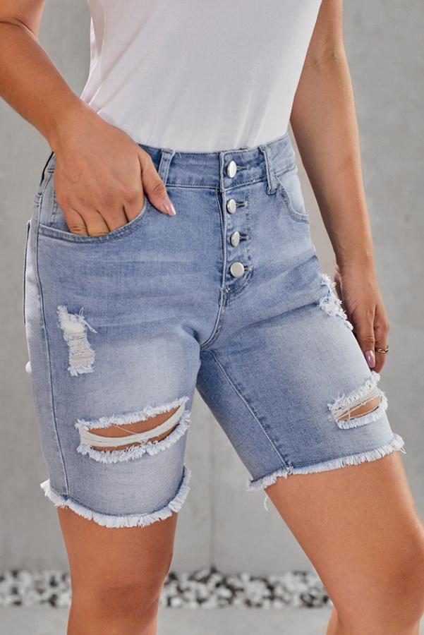 High-waisted Hole Single-breasted Denim Pants