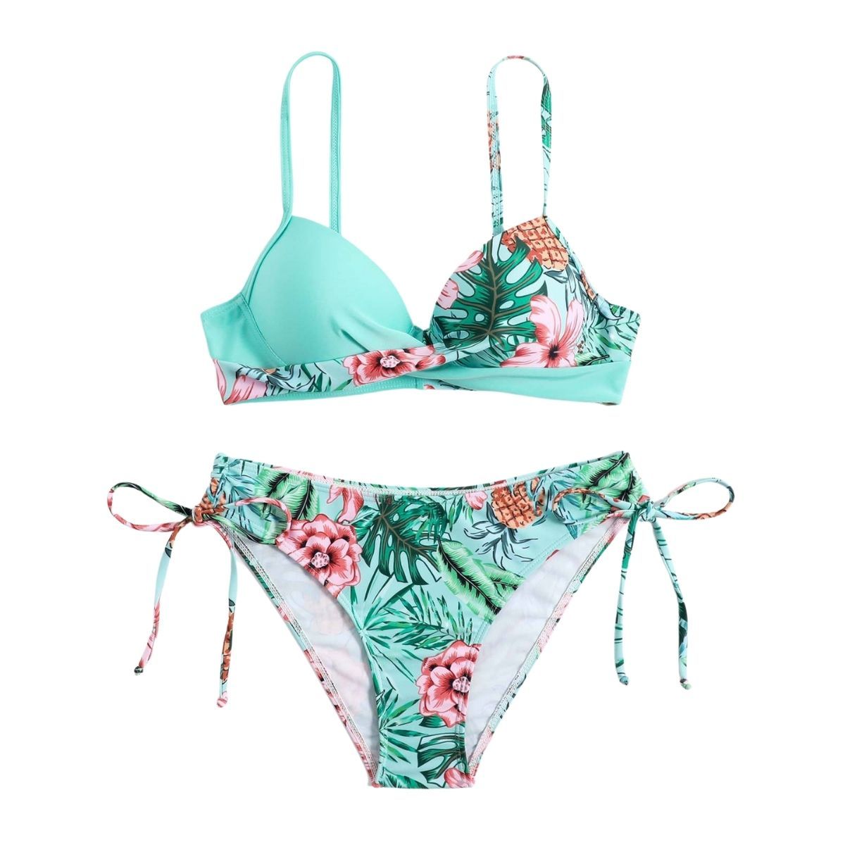 Flower print cross front padded self tie cami bikini swimwear