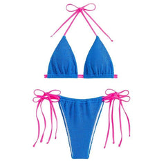 Halter contrast self tie textured bikini swimwear