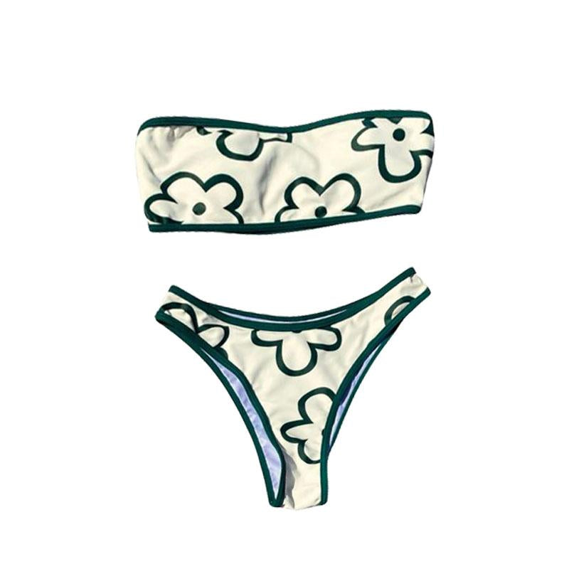 Padded flower pattern contrast tube bikini swimwear