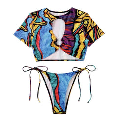 Hollow out contrast o ring crop top self tie bikini swimwear