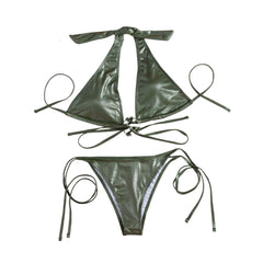 Metallic solid halter self tie o ring backless bikini swimwear