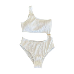 Textured solid one shoulder button hollow out one piece swimwear