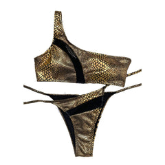 Snakeskin print patchwork one shoulder self tie bikini swimwear