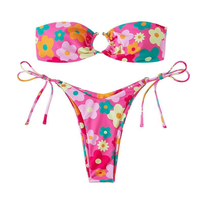 Flower pattern self tie o ring tube bikini swimwear