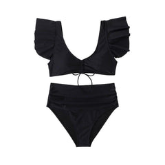 Padded ruffle cap sleeve drawstring solid ruched bikini swimwear