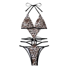 Leopard print contrast halter backless padded bikini swimwear