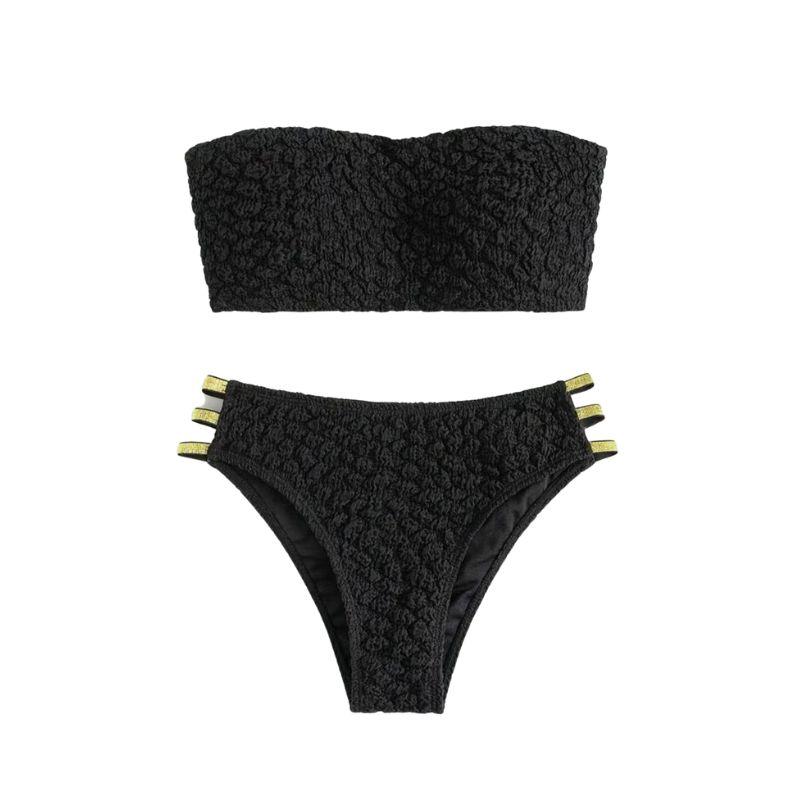 Solid textured contrast hollow out tube bikini swimwear