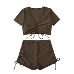 Solid short sleeve drawstring self tie crop top bikini swimwear