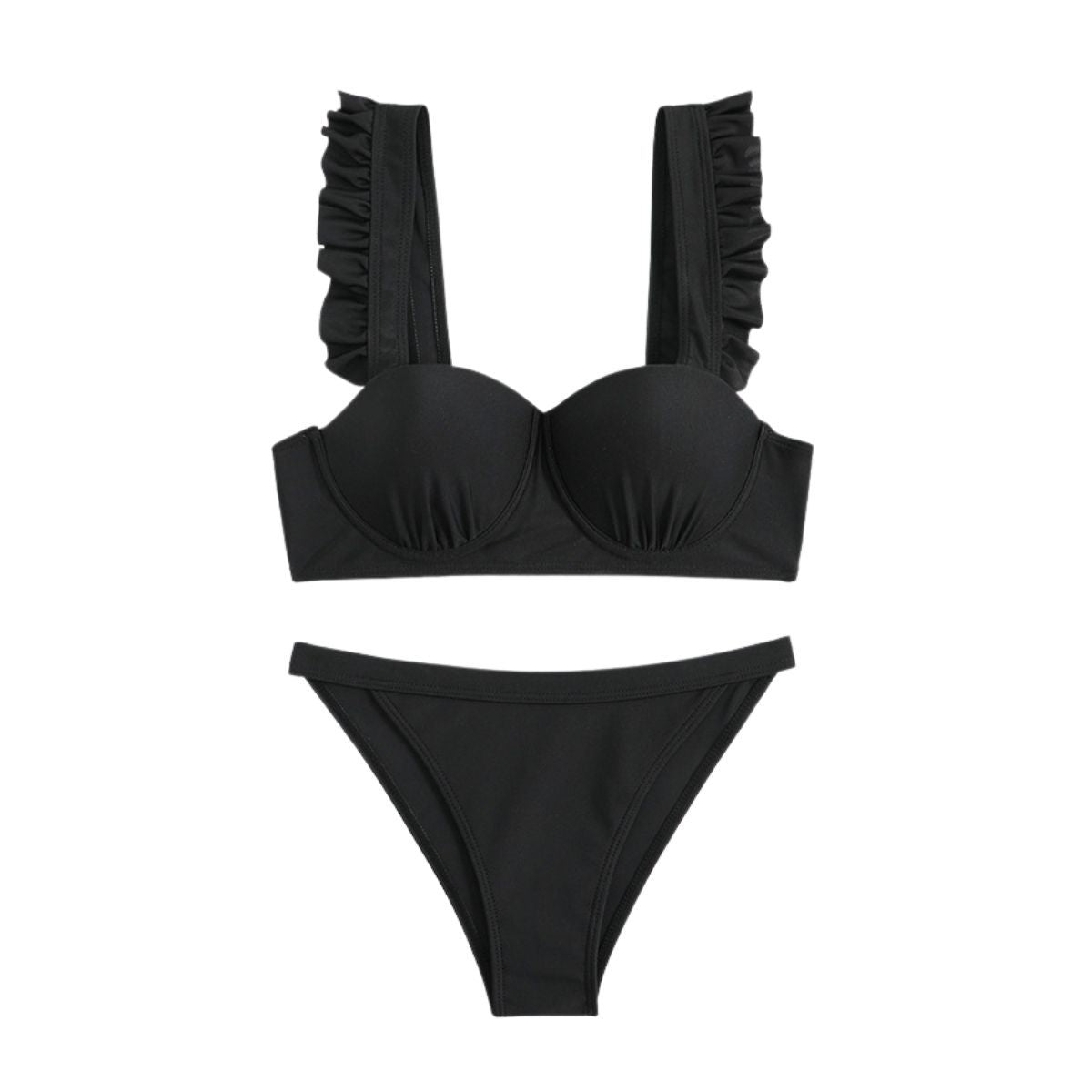 Ruffle solid sweetheart neck padded backless bikini swimwear