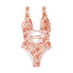 Low cut contrast print self tie hollow out one piece swimwear