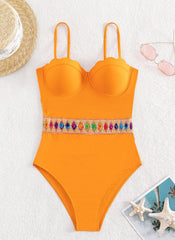 Contrast patchwork backless padded cami one piece swimwear