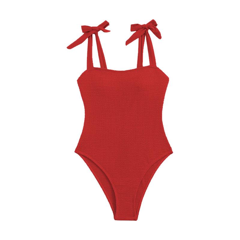 Textured self tie solid backless one piece swimwear