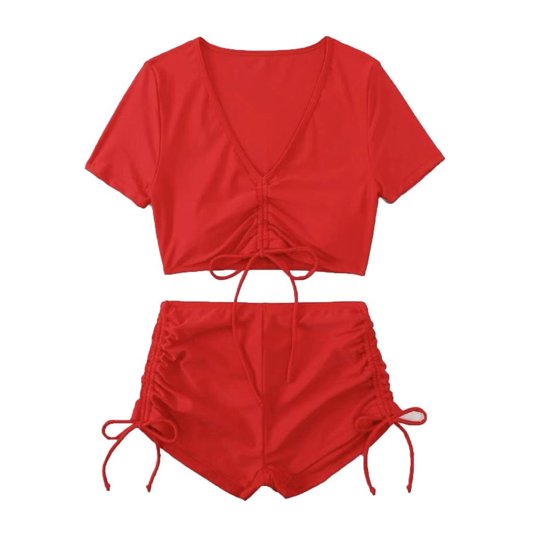 Solid short sleeve drawstring self tie crop top bikini swimwear