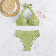 Solid textured halter self tie padded bikini swimwear