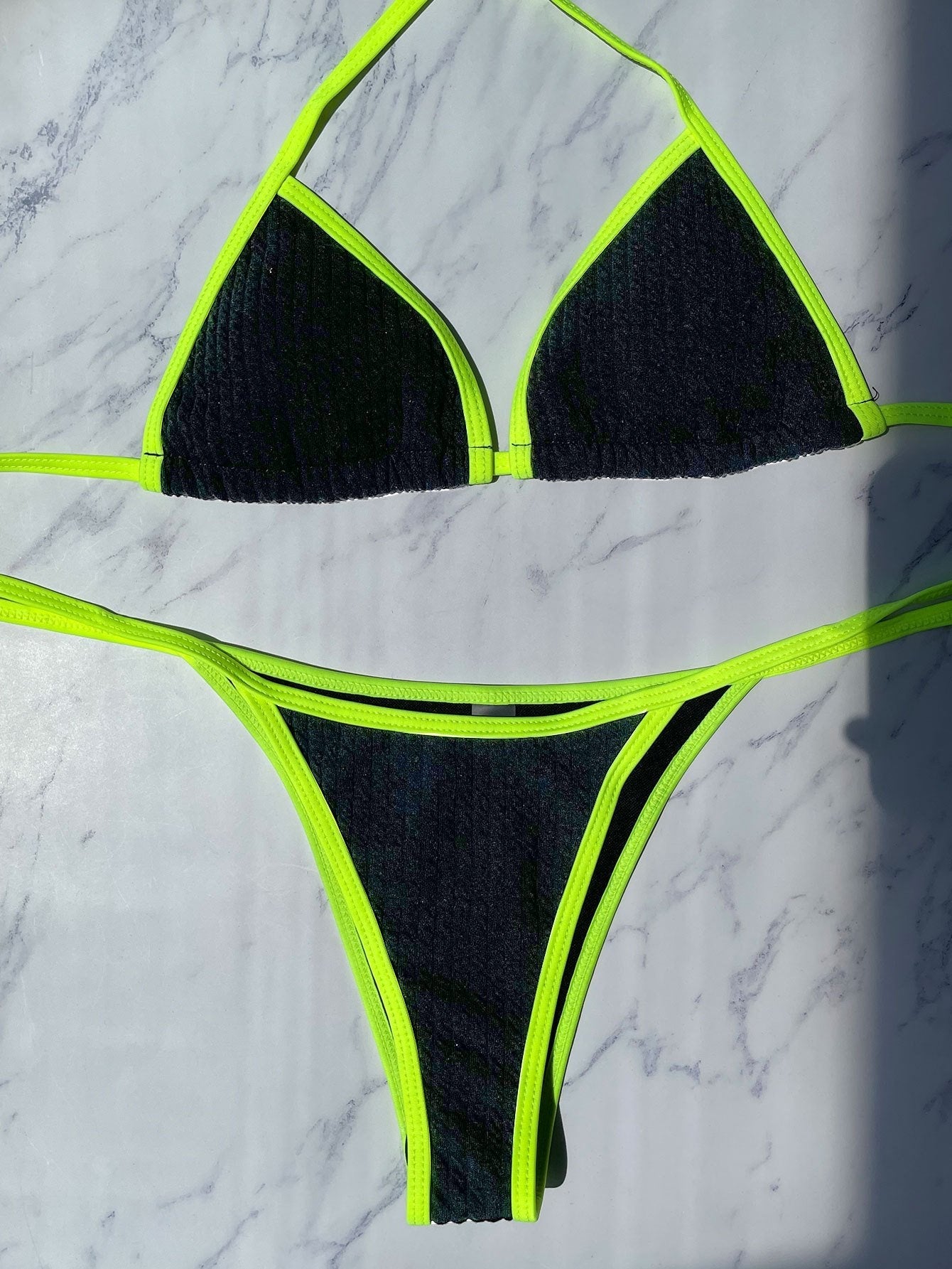 Textured contrast halter self tie bikini swimwear