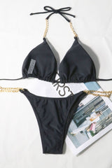 Solid halter metal chain self tie padded bikini swimwear