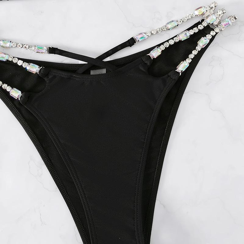 Rhinestone chain cross front backless self tie bikini swimwear