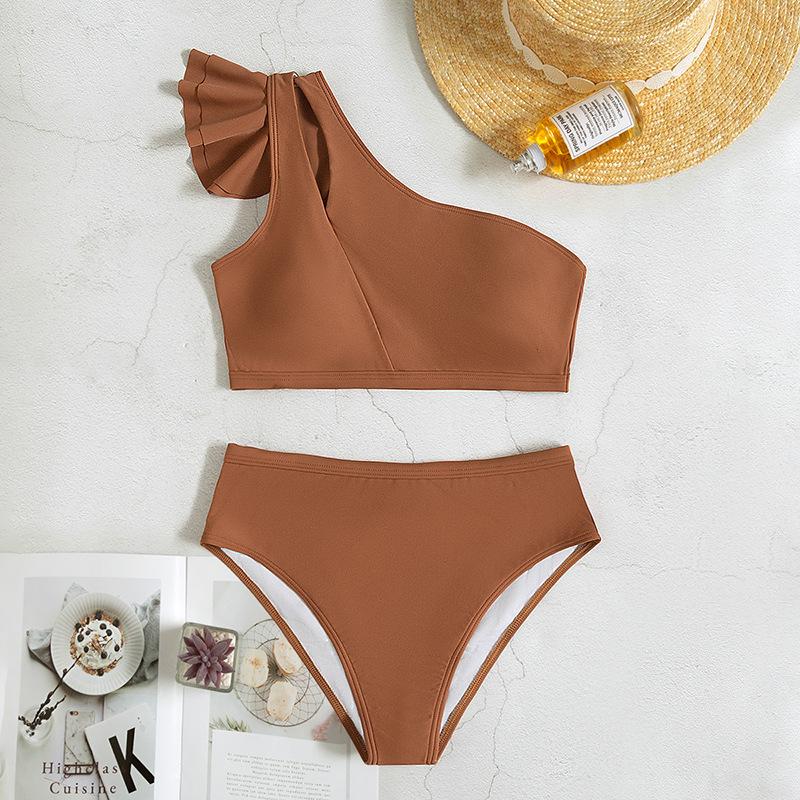 One shoulder ruffle solid irregular hollow out bikini swimwear