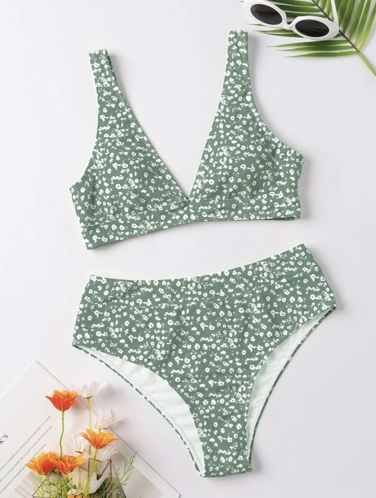 Flower pattern v neck sleeveless bikini swimwear