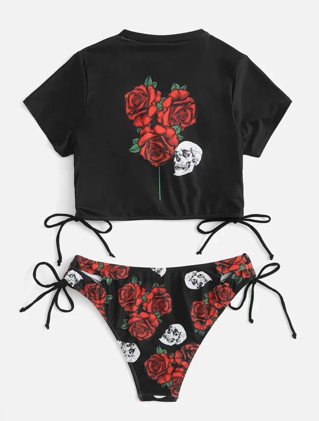 Skull flower pattern drawstring contrast short sleeve bikini swimwear