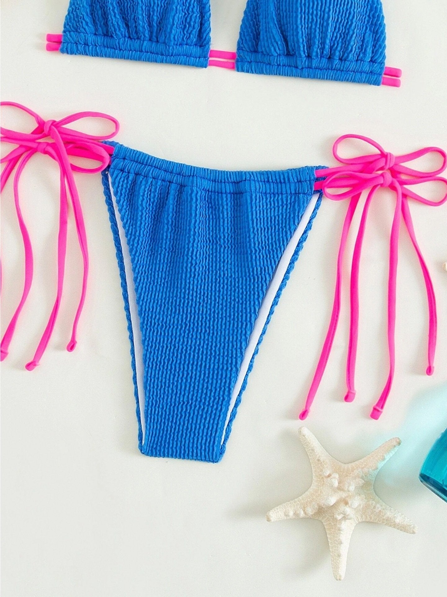 Halter contrast self tie textured bikini swimwear