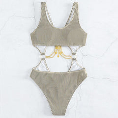 Metal chain textured o ring v neck hollow out one piece swimwear