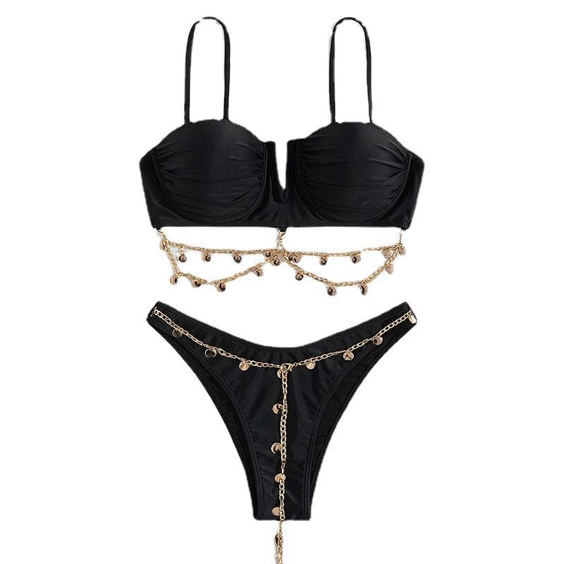 Metal chain solid ruched padded bikini swimwear