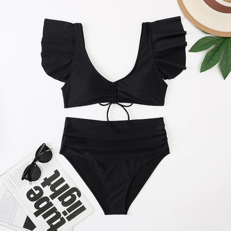 Padded ruffle cap sleeve drawstring solid ruched bikini swimwear