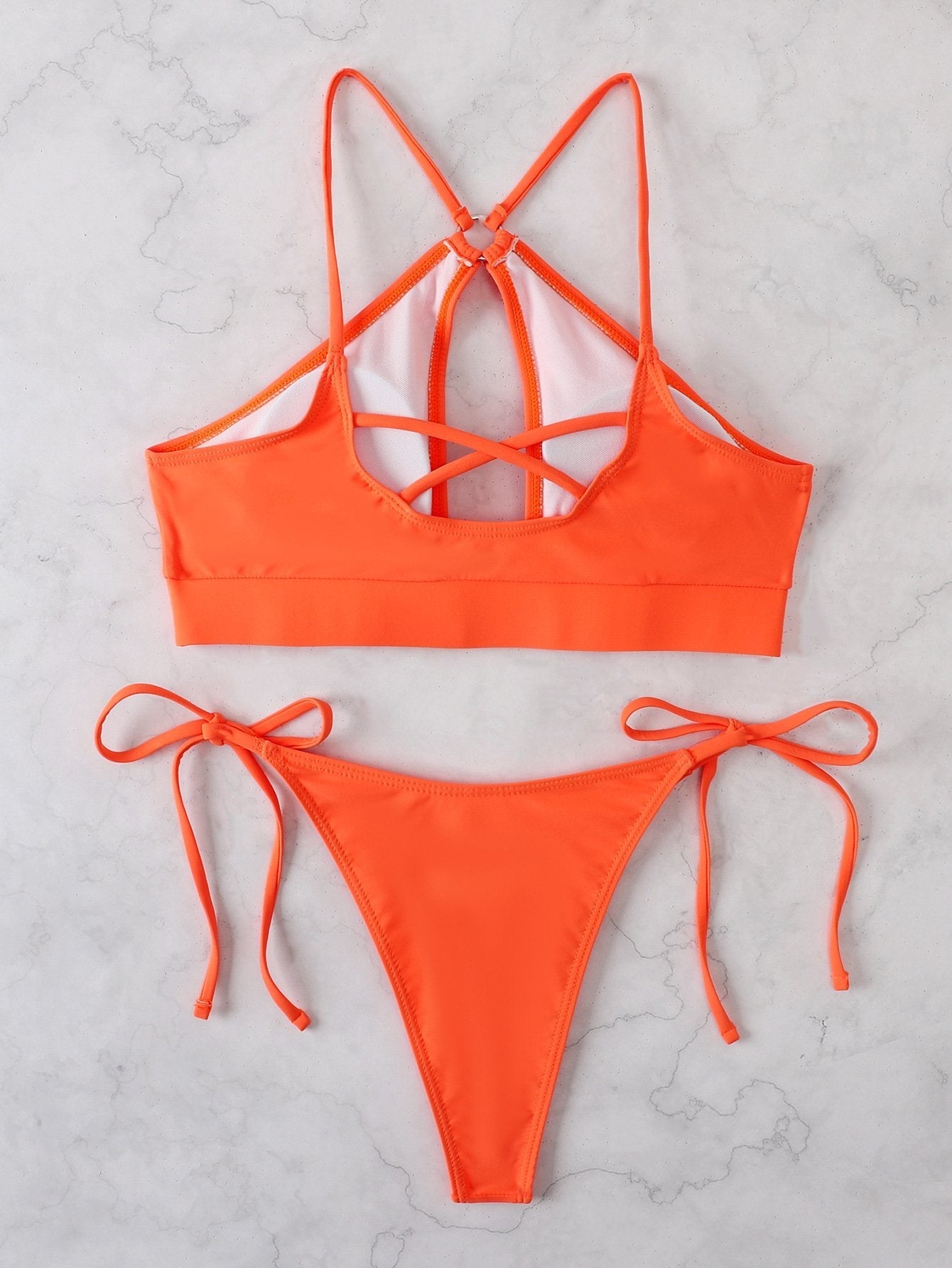 O ring hollow out cross back solid self tie bikini swimwear