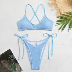 Solid textured padded self tie bikini swimwear