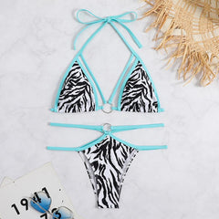 Zebra print halter o ring contrast backless bikini swimwear