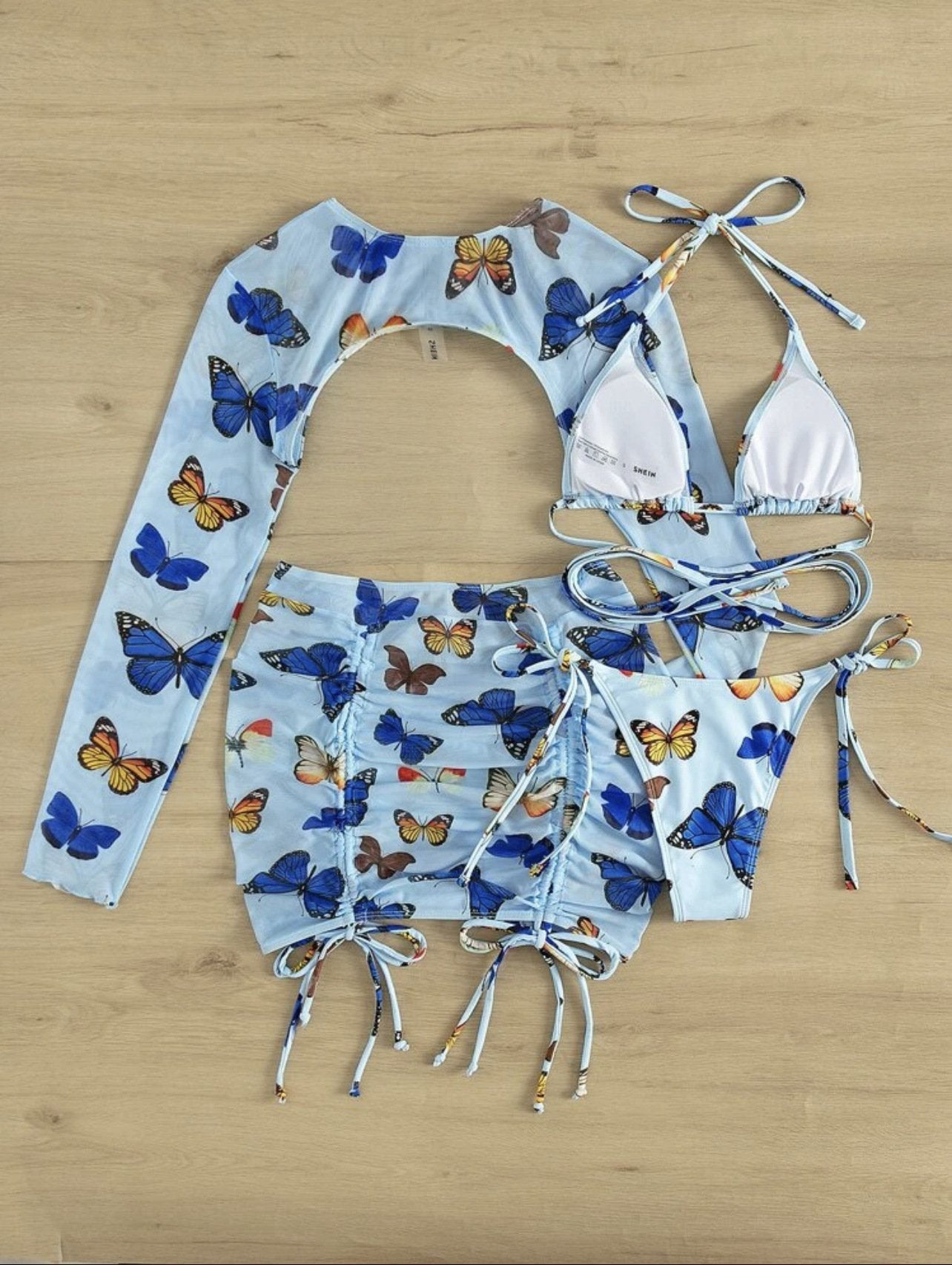 Contrast halter butterfly pattern drawstring self tie skirt set 4 piece swimwear