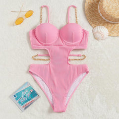 Metal chain button padded solid self tie one piece swimwear