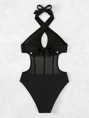 Cross front halter self tie mesh backless one piece swimwear