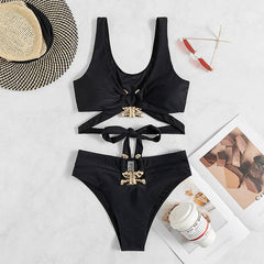 Metal applique self tie v neck solid bikini swimwear