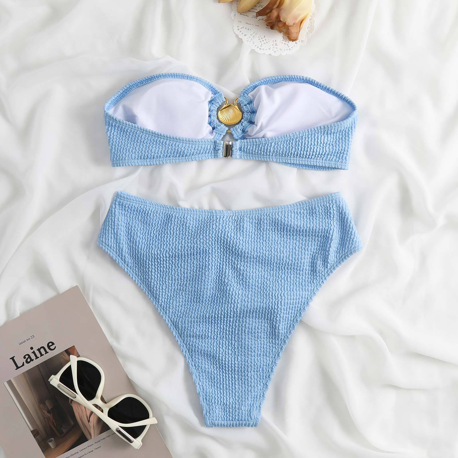 Metal applique textured backless button tube bikini swimwear