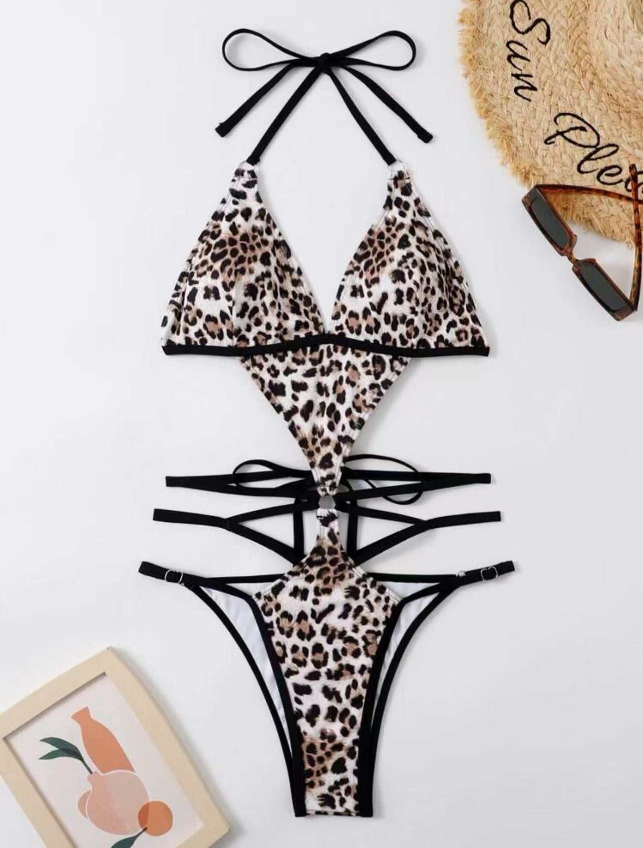 Leopard print contrast halter backless padded bikini swimwear