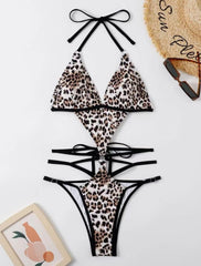 Leopard print contrast halter backless padded bikini swimwear