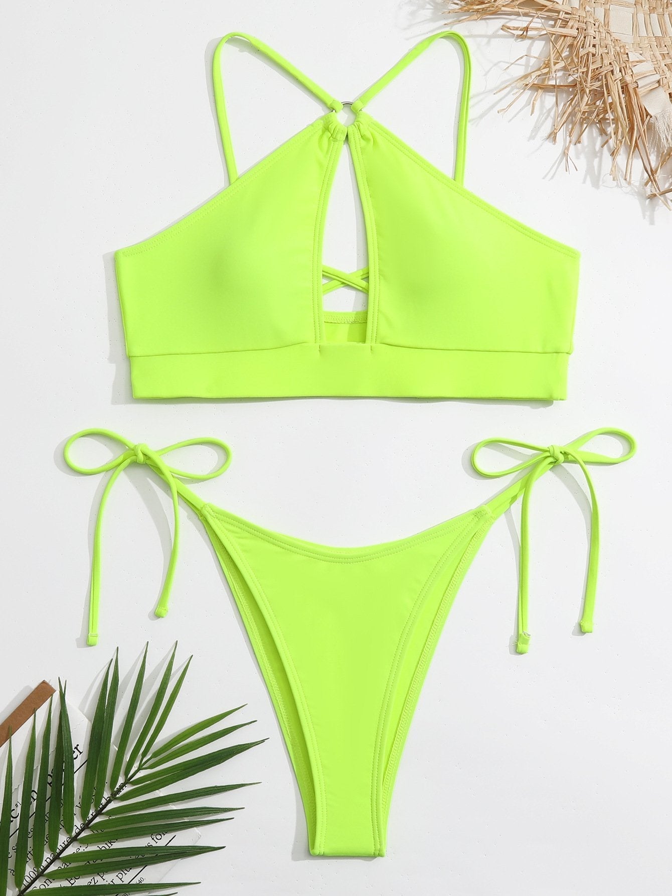 O ring hollow out cross back solid self tie bikini swimwear