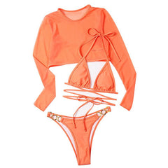 Mesh solid padded self tie o ring cross front halter 3 piece swimwear