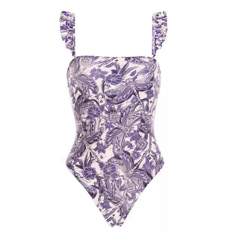 Contrast abstract print ruffle one piece swimwear with beach skirt