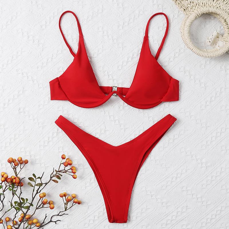 Button solid backless v neck bikini swimwear