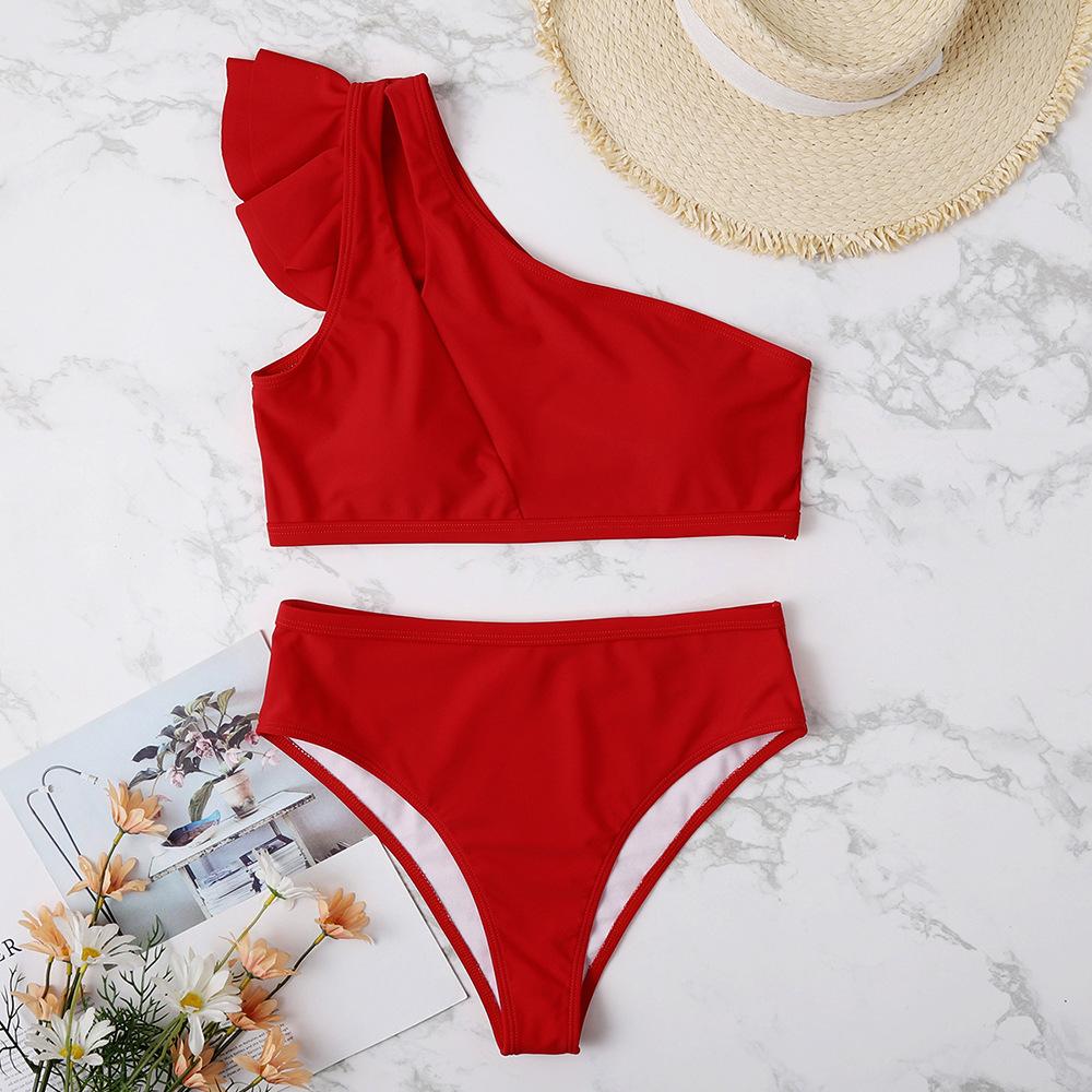 One shoulder ruffle solid irregular hollow out bikini swimwear