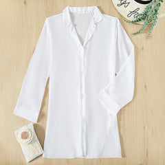 Chiffon turnover collar slit solid long sleeve beach cover up