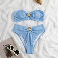 Metal applique textured backless button tube bikini swimwear